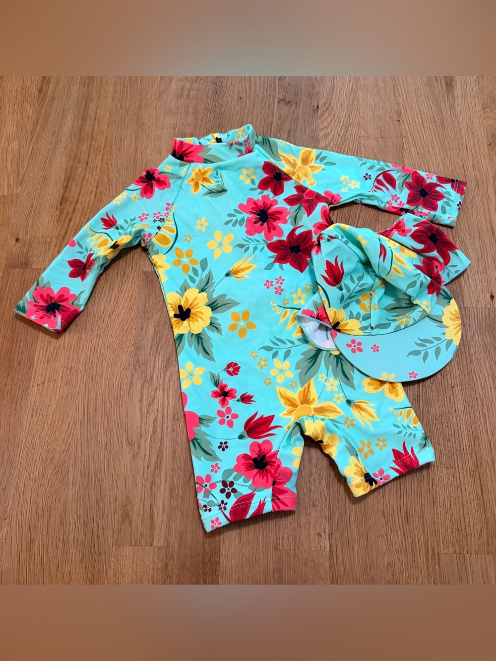 Up and Fast Baby 6-9 MONTHS Aqua Floral Long Sleeve One Piece Swim Suit with Hat